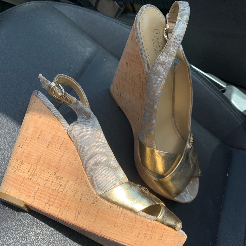 Coach gold and cork wedges!! Jessy Slingback style